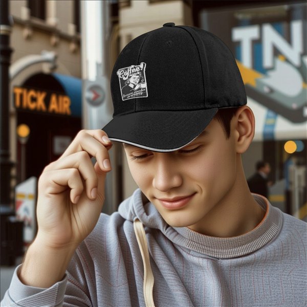 Black baseball cap with 'Coffee! Because murder is wrong' retro print