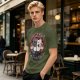 Olive t-shirt with retro cartoon raccoon and dog trash can print