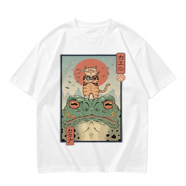 Olive T-shirt with Samurai Cat Riding Giant Frog Japanese Art Print