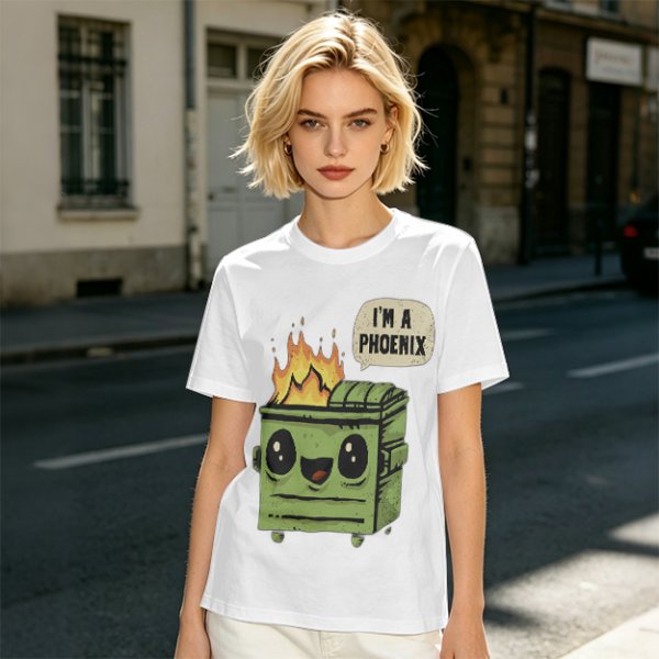 Olive green t-shirt with a cartoon dumpster on fire saying I'm a phoenix