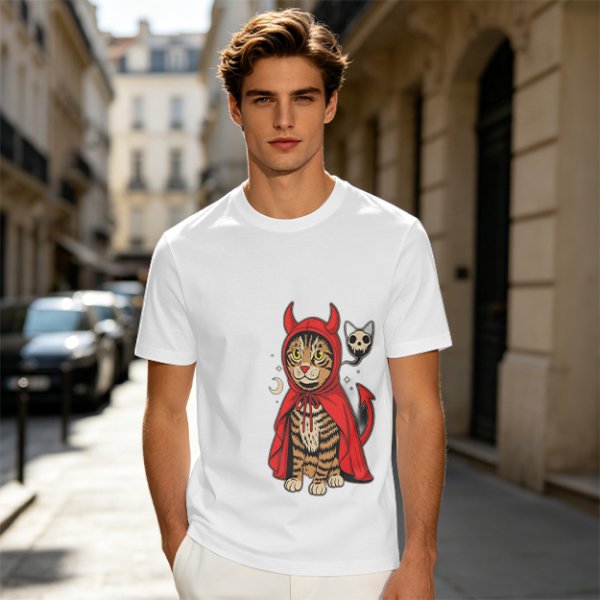 Olive T-shirt with a tabby cat in a devil hood and skull cat graphic