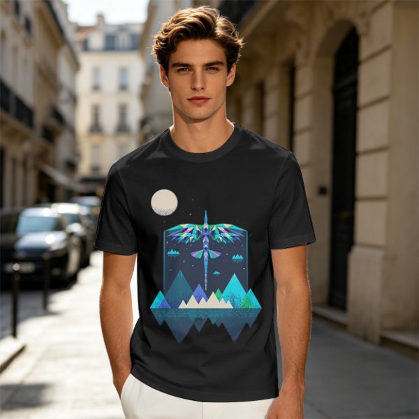 Olive T-Shirt With Geometric Dragonfly Mountain Night Scene Print