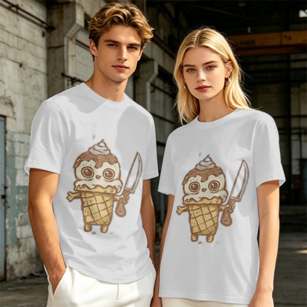 Olive T-Shirt With Cute Ice Cream Cone Holding Knife Print