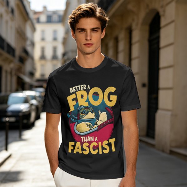 Olive graphic t-shirt with 'Better a Frog Than a Fascist' pilot frog design