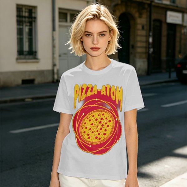 Olive green graphic t-shirt with pizza atom design