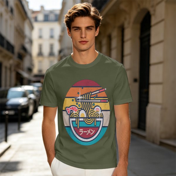 Olive T-shirt with Retro Ramen Bowl Chopsticks Graphic