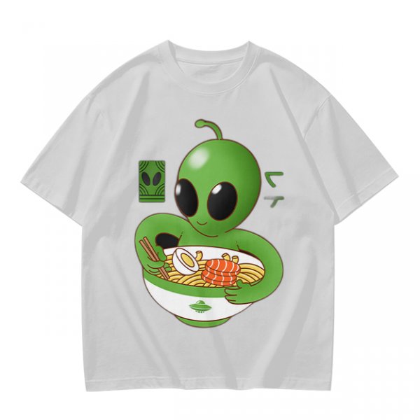 Olive Green T-Shirt With Cute Alien Eating Ramen Graphic
