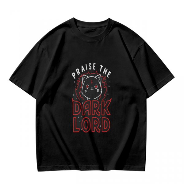 Olive t-shirt with 'Praise the Dark Lord' and dark cat graphic