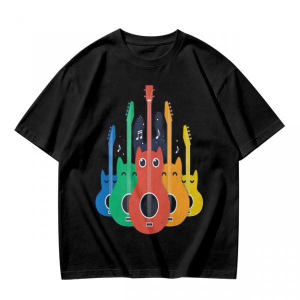 Olive T-Shirt With Colorful Cat Guitar Illustration