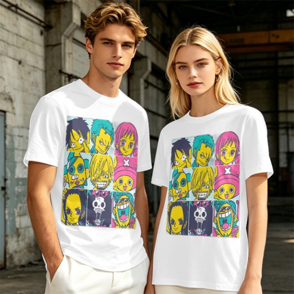 Olive T-shirt with One Piece x Simpsons Style Character Grid Print