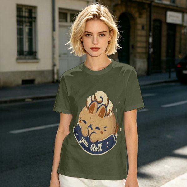 Olive T-Shirt With Cute Cinnamon Bunny Roll Graphic And You Roll Text