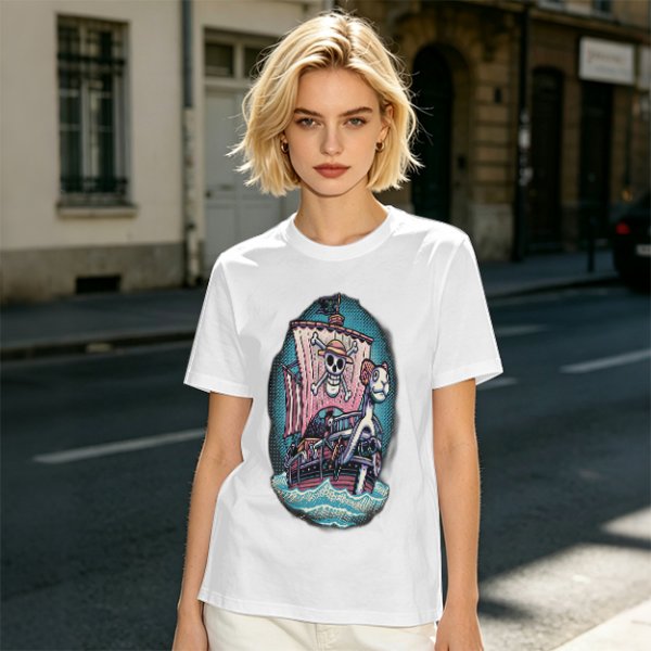 Olive T-shirt with One Piece Thousand Sunny Pirate Ship Print