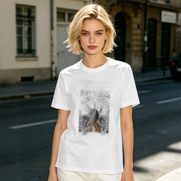 Olive green graphic t-shirt with symmetrical dark and orange artwork