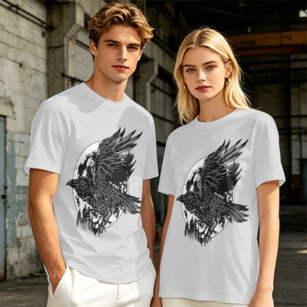 Olive Graphic T-Shirt with Mechanical Raven and Full Moon Print