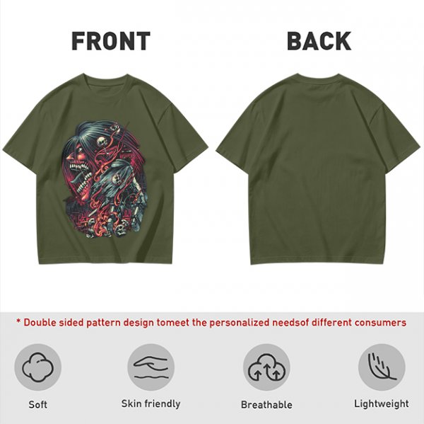 Olive T-Shirt With Dark Fantasy Skull And Monster Graphic Print