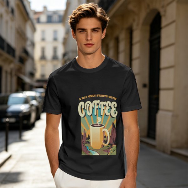 Olive Graphic T-Shirt With Coffee And Mountain Sunrise Design