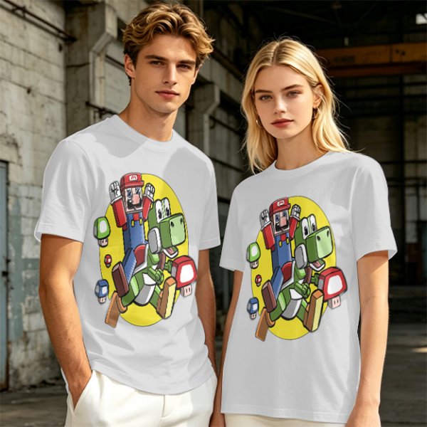Olive T-shirt with Block Style Mario Riding Yoshi and Mushroom Graphics