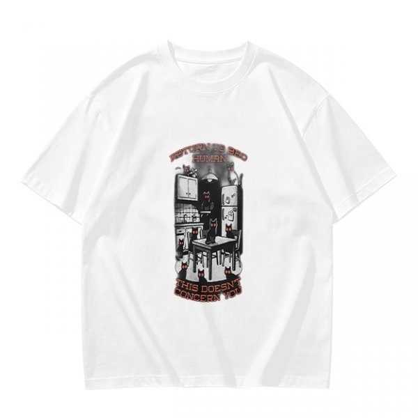 Olive t-shirt with cat kitchen graphic and 'Return to bed human' text