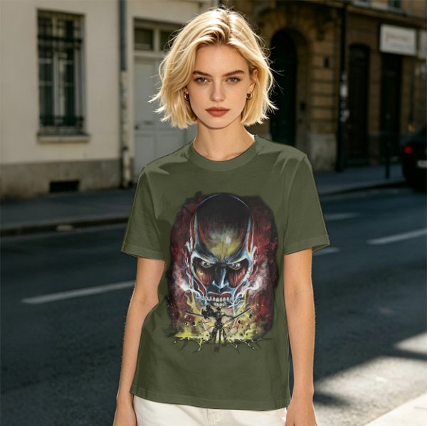 Olive T-shirt with Attack on Titan Colossal Titan Graphic Print