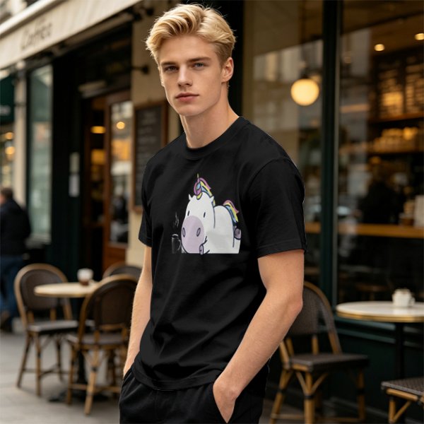 Olive green t-shirt with a chubby unicorn holding a steaming coffee cup