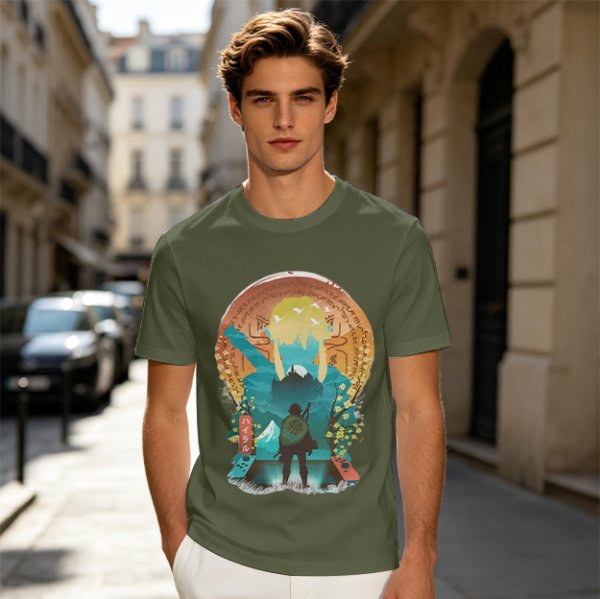 Olive Green T-Shirt With Fantasy Hero Silhouette Landscape Art