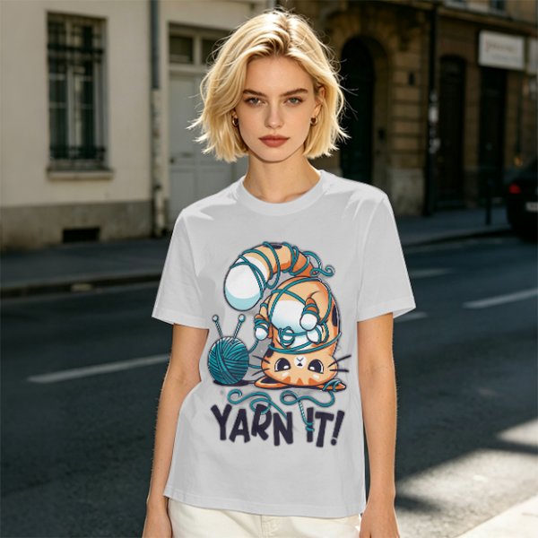 Olive T-shirt with Tangled Orange Cat Yarn It Print