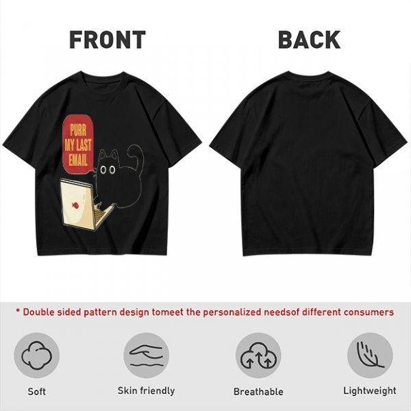Black cat typing on laptop with 'Purr My Last Email' graphic t-shirt