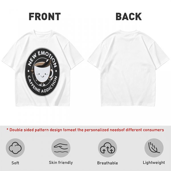 Olive t-shirt with 'New Emotion Caffeine Addiction' coffee cup graphic