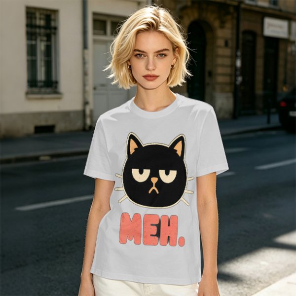 Olive T-Shirt With Grumpy Black Cat Meh Graphic Print