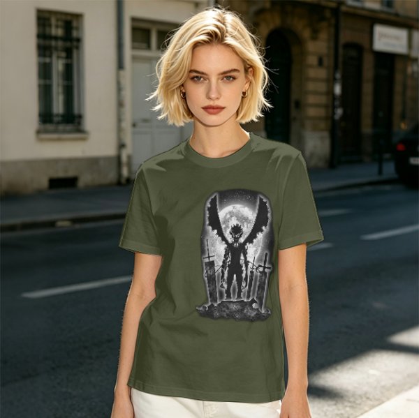 Olive t-shirt with dark anime winged warrior under full moon print