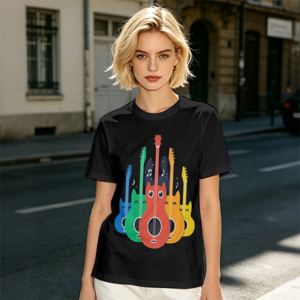 Olive T-Shirt With Colorful Cat Guitar Illustration