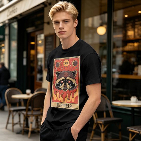 Olive T-Shirt With Raccoon El Diablo Tarot Card Print