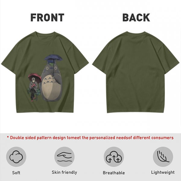 Olive T-shirt with Totoro and masked figure under umbrellas print