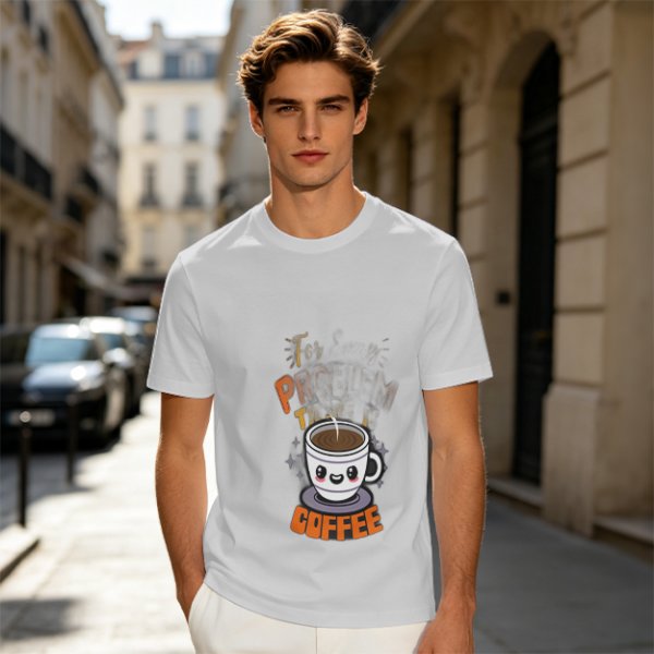 Olive Green T-Shirt With Cute Coffee Cup Graphic and Problem Solution Text