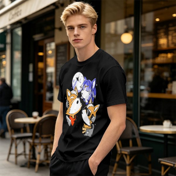 Olive T-shirt with Space Fox Crew Graphic Design