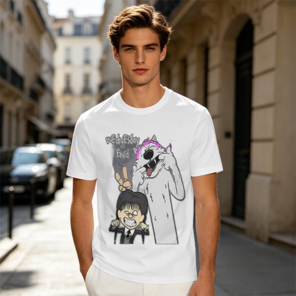 Olive graphic tee with Wednesday and Enid cartoon wolf design