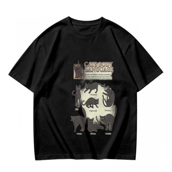 Olive T-Shirt With Cat Body Language Illustrations