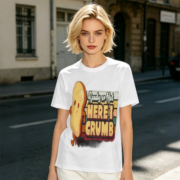 Olive graphic tee with playful bread character and 'Ready or Not Here I Crumb' text