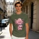 Olive T-Shirt With Cute Axolotl Holding Hot Drink Print