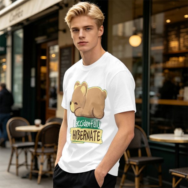 Olive t-shirt with sleeping bear and 'I accidentally hibernate' text