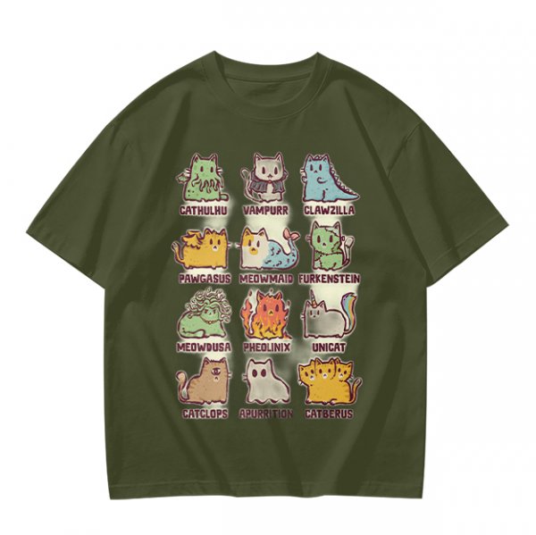 Olive green t-shirt with cute mythical monster cat graphic prints