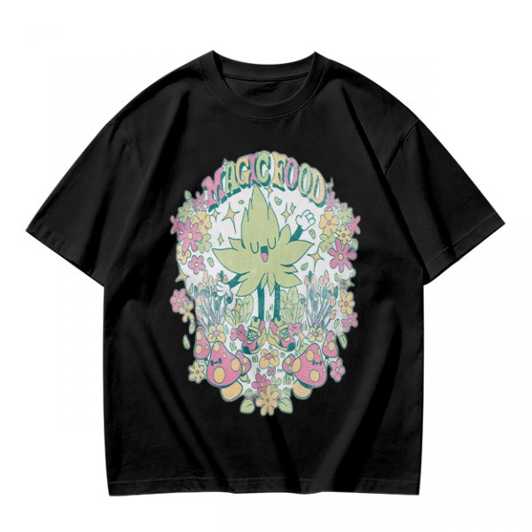 Olive Green Graphic T-Shirt With Whimsical Plant Creature And Floral Print