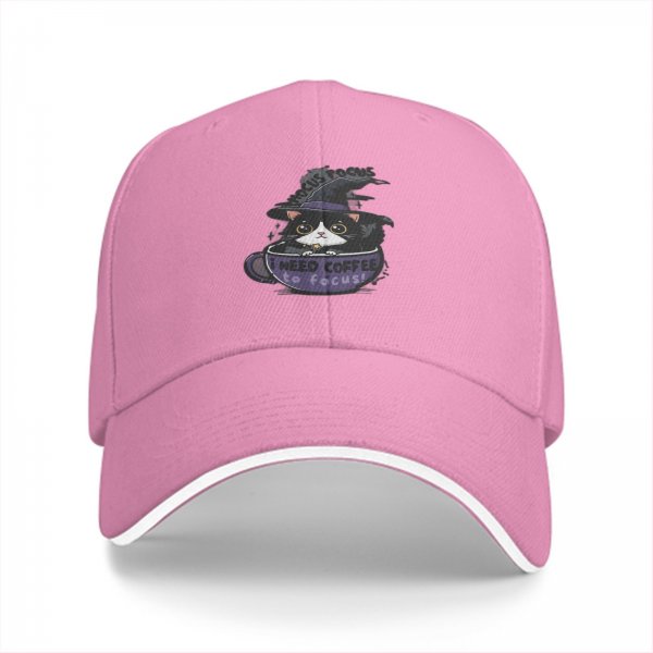 Black baseball cap with witch cat coffee cup 'I need coffee to focus' print