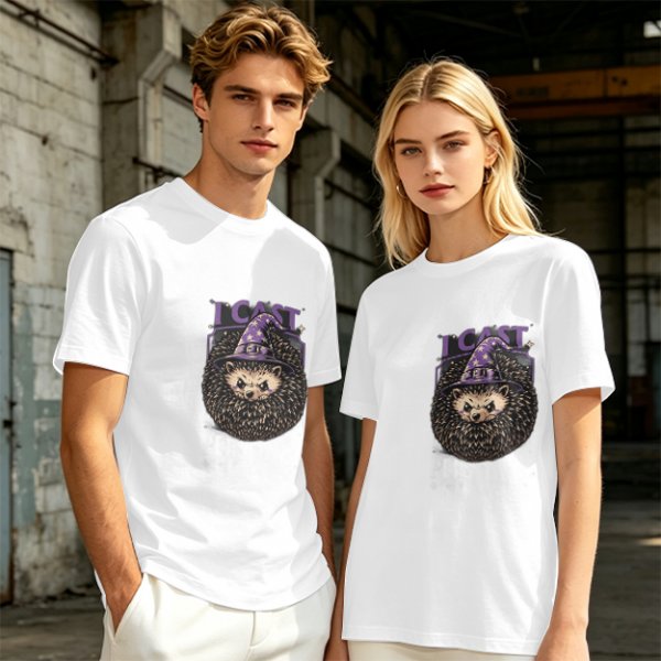 Olive green t-shirt with a hedgehog wizard graphic and 'I CAST' text