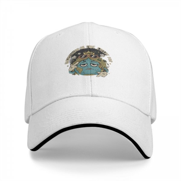 Black baseball cap with tired Earth graphic and 'Everything is fine except for' text