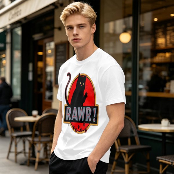 Olive T-Shirt With Black Cat Rawr Dinosaur Parody Graphic