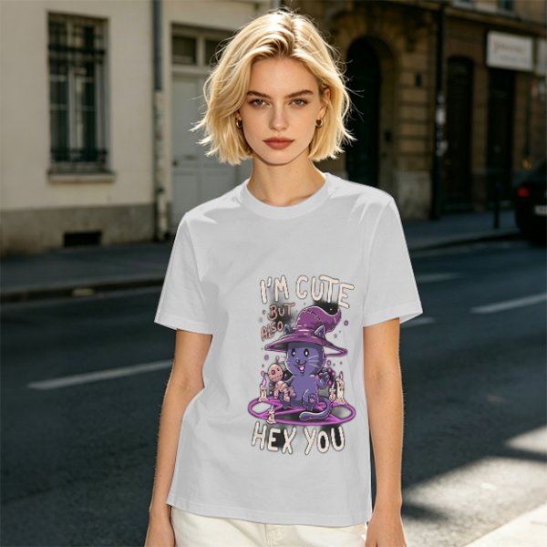 Olive green t-shirt with cute witch cat hex you graphic