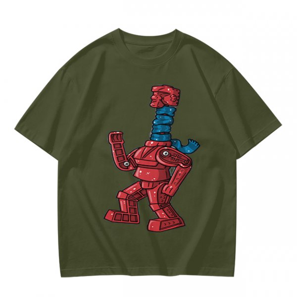 Olive Green T-Shirt with Retro Robot Graphic Print