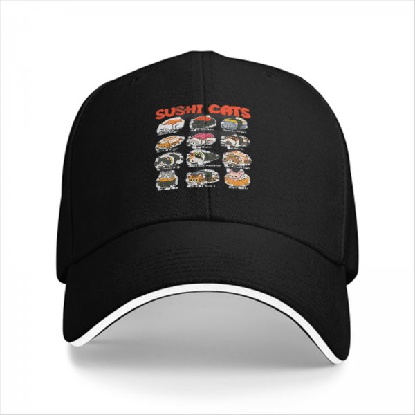 Black baseball cap with sushi cats graphic print