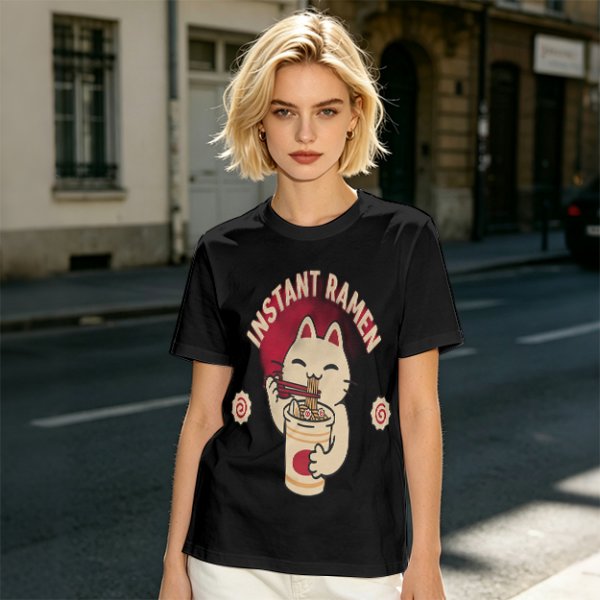 Olive green t-shirt with a cartoon cat eating instant ramen